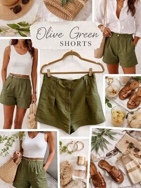 Olive Green High-Waist Linen Blend Women’s Shorts